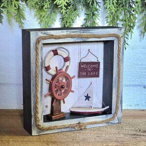 Primitive Distressed Nautical Shadow Box Wall Hanging Sailboat Farmhouse Decor